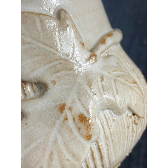 Studio Pottery Clay Mug JT Applied Leaf and Vine Design Cream Ribbed - Picture 5 of 9